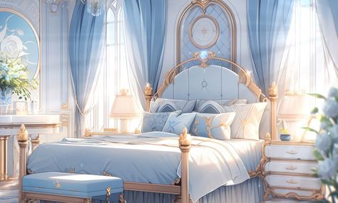 Anime Bedrooms, Places Background, Vtuber Room, Blue And Gold Bedroom, Stream Background, Vtuber Background, Royal Bedroom, Casa Anime, Fantasy Rooms