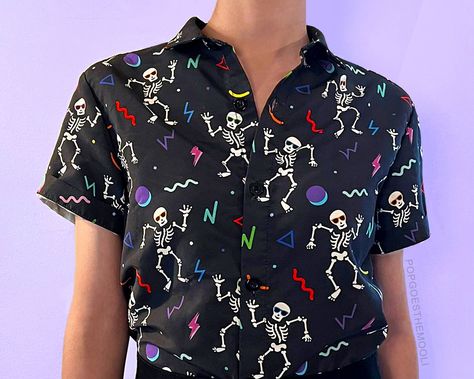 "Rock our PGTM EXCLUSIVE \"Raving Skeletons\" design on this loud all over print unisex button down aloha shirt.  PLEASE READ OUR SIZING DETAILS IN THE SECOND IMAGE OF THIS LISTING. IT'S SUPER IMPORTANT INFO DESIGNED TO HELP YOU PICK THE SIZE THAT WILL FIT BEST :) WHO IT'S FOR .:If you became the workplace legend after you and your inappropriate, tasteless ugly Christmas sweater took home the prize at the office party, then this shirt is for you! .:If you did the walk of shame after Halloween in your goofy, crazy costume, then this shirt is for you! .:If you're a Parrothead, a Margaritaville VIP, and a Jimmy Buffett devotee, then this shirt is for you! .:If you're a funny guy or gal and always the center of attention, then this shirt if for you! WHY YOU'LL LOVE IT .:super bold and fun patt Silly Clothes, Crazy Costumes, Walk Of Shame, Weird Funny, Memphis Pattern, Hawaii Outfits, Funny Men, Hawaiian Outfit, Dream Clothes