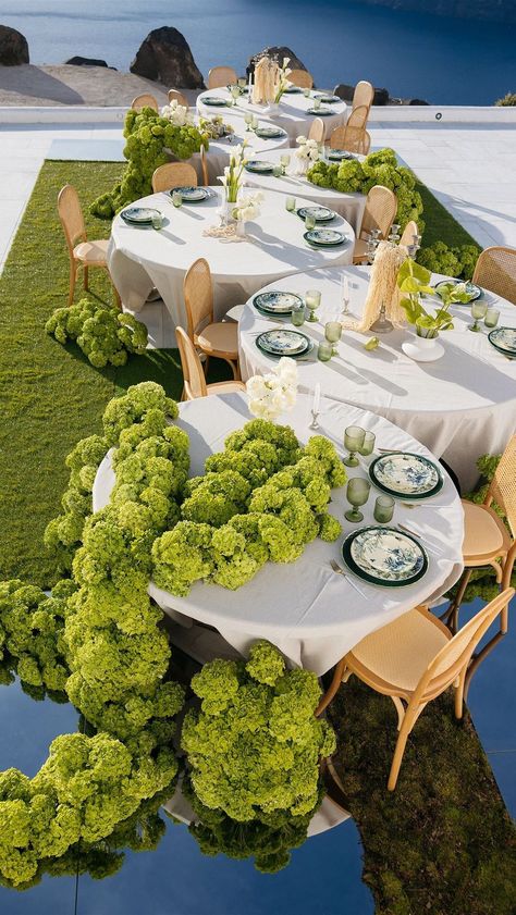 First setup for 2024 couldn’t be other than our Green Oasis 💚 We are in love with every detail of it, from the floor to the cascading… | Instagram Greenery Event Decor, Blue And Green Wedding Party, Mirror Table Wedding, Caterpillar Aesthetic, Wedding Table Layouts Floor Plans, Green Flowers Aesthetic, Event Planning Aesthetic, Wedding Decor Green, Greenery Party