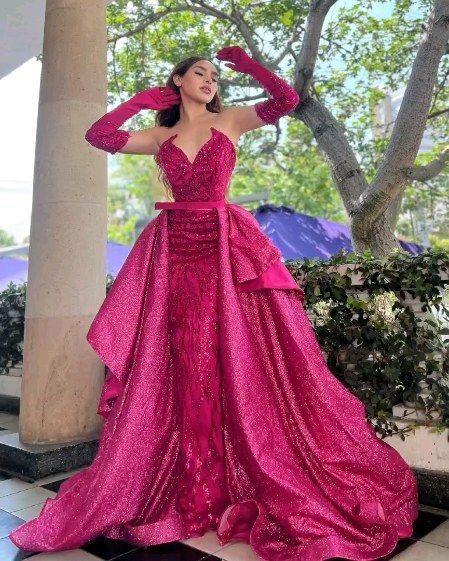 Barbie Inspired Ball Gowns, Dark Pink Ball Gown, Hot Pink Mermaid Dress, Barbie Pink Prom Dress, Pink Graduation Gown, Hot Pink Ballgown, Ball Gown With Gloves, Dark Pink Gown, Hot Pink Wedding Dress