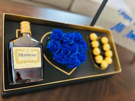 Hennessy Valentines Gift For Him, Luxury Gift Baskets Men, Liquor Box Gift Ideas, Hennessy Gift Ideas For Him, I Love You Box For Him Gift Ideas, Valentines Ides, Mens Gift Basket Ideas, Liquor Bouquet, Boyfriends Birthday Ideas