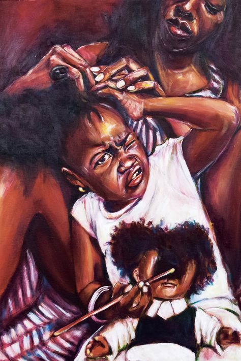 Digital print of one of my childhood memories, my mom doing my hair on the floor and me being between her legs. I created this with acrylic paint on stretch. This Digital print beautifully illustrates Caribbean culture and natural black hair. Its a  perfect gift for mom's birthday or for mother's day, makes a great addition to any room in the house. Museum-quality posters made on thick and durable matte paper. Add a wonderful accent to your room and office with these posters that are sure to bri Black Mother Painting, Hair On The Floor, Art Black Love, Character Collage, Hair Digital, Doing My Hair, August Wilson, Afro Curls, Natural Black Hair