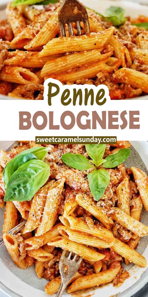 Fork being pushed into penne bolognese in grey bowl with text written between 2 images. Penne Bolognese Recipe, Best Penne Pasta Recipe, Penne Bolognese, Easy Italian Dinner, Beef Noodle Stir Fry, Beef Chow Mein, Ground Beef Pasta Recipes, Penne Recipes, Beef Pasta Recipes