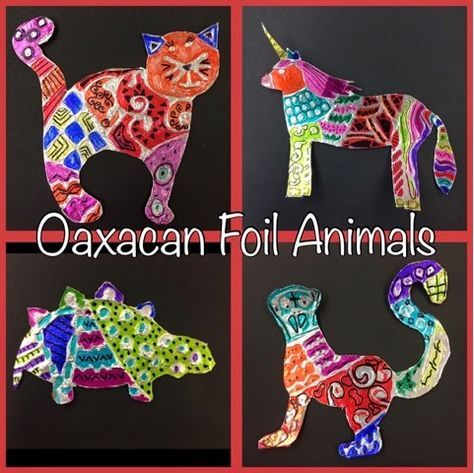 Oaxacan Animals with Foil, glue and Cardboard, step by step with lots of photos! Feuille Aluminium Art, Multi Cultural Art, Oaxacan Animals, Classe D'art, Hispanic Art, Animal Art Projects, 6th Grade Art, 4th Grade Art, 5th Grade Art