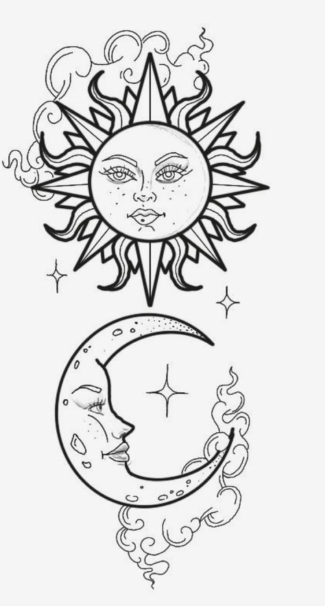 Sun And Moon Drawing Paintings, Sun And Moon Tattoo Drawing, Sun And Moon Outline, Tattoo Sol Y Luna, Sun And Moon Paintings, Sun And Moon Stencil, Wiccan Drawings, Sun And Moon Tattoo Stencil, Moon And Sun Drawing