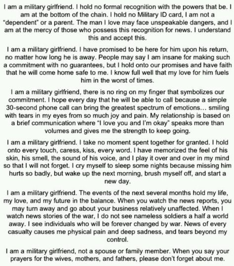 Amen!!!! Army Girlfriend Quotes, Marine Girlfriend Quotes, Military Girlfriend Quotes, Marine Girlfriend, Air Force Girlfriend, Spouse Quotes, Military Relationships, Military Wife Life, Army Wife Life