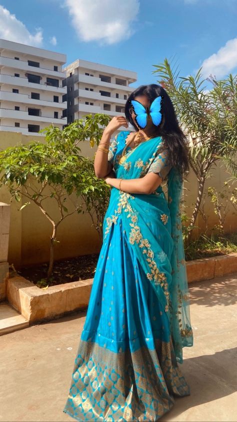 #traditional #indianwedding #blue #monochrome #saree Blue Indian Aesthetic, Blue Saree Look, Monochrome Saree, Sky Blue Saree, Blue Monochrome, Half Saree Lehenga, Saree Poses, Indian Photoshoot, Saree Models