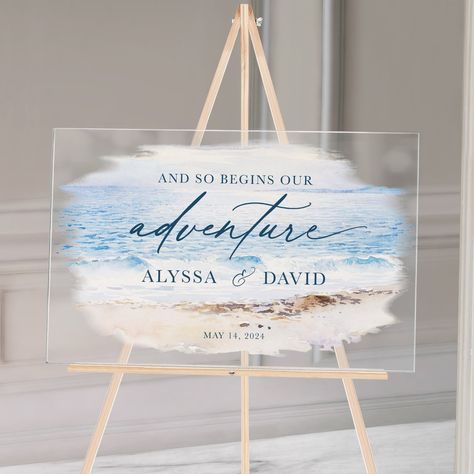 Unique Beach Wedding Ideas, Welcome Sign Beach, Wedding Signs Acrylic, Coastal Wedding Decor, Acrylic Wedding Welcome Sign, Acrylic Wedding Signs, Woodland Wedding Decorations, Beach Wedding Signs, Bohemian Beach Wedding