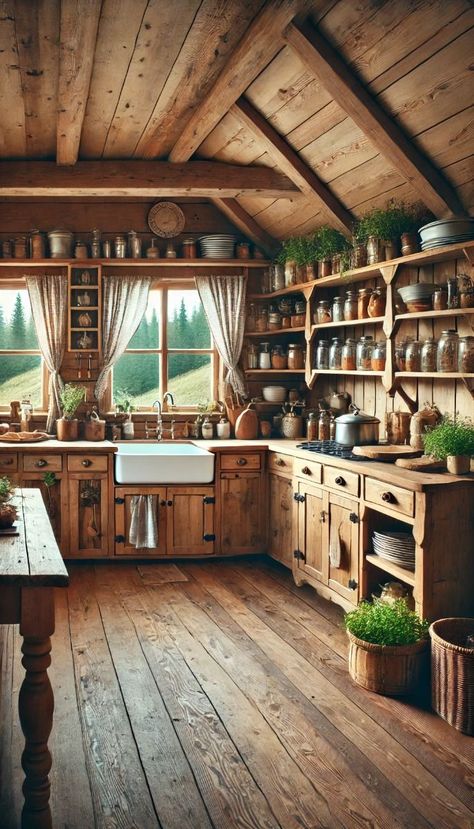 Rustic Canning Kitchen, Shed To Cabin Interior, Ranch Style House Decor, Cottage Cabin Living Room, Rustic Woodsy Home Decor, Rustic Cabin Kitchen Cabinets, Hunting Cabin Aesthetic, Renovate Cabin, Fall Cabin Decor