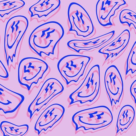 Several melting smiley faces combined to make a print in pink and blue Melting Smiley Face Wallpaper, Melt Smiley Face, Melty Smiley Face, Melting Happy Face, Freelance Portfolio, Smiley Pattern, Melting Smiley Face, Smiley Graphic, Smiley Face Graphic