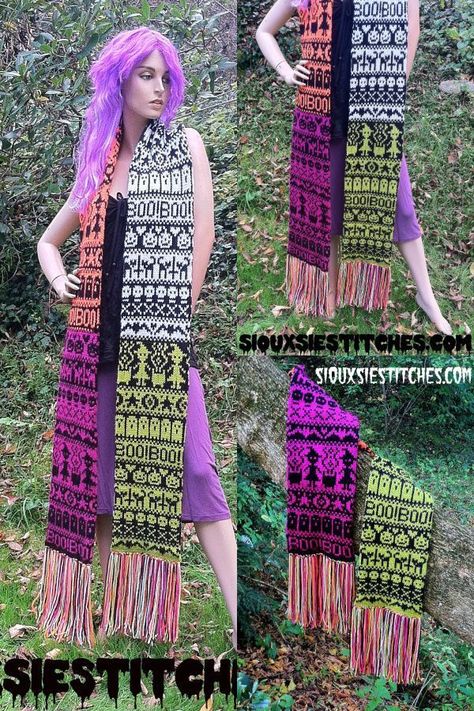 Halloween Fair Isle Scarf Free Knitting Pattern - Knitting Pattern Fair Isle Halloween Pattern, Halloween Scarf Knitting Pattern, Fair Isle Scarf Pattern Free, Halloween Knitting Charts, Spooky Knitting Pattern, Spooky Knitting, Halloween Knitting Patterns Free, Halloween Knit, Fair Isle Scarf