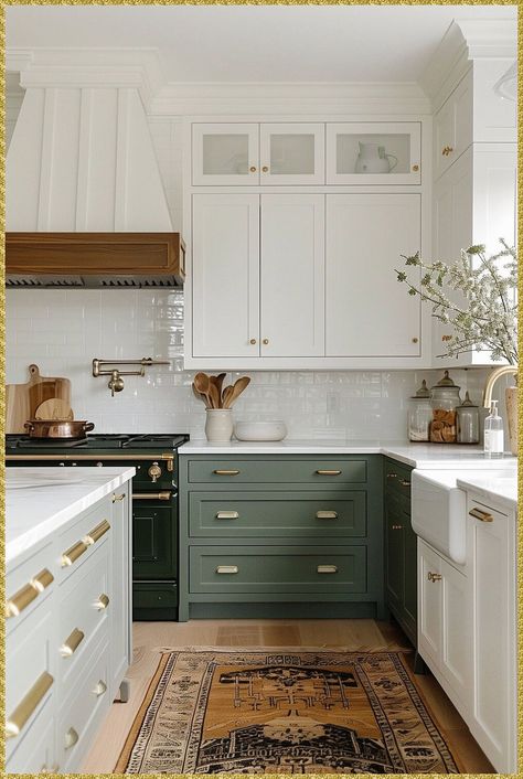 [Promotion] Wondering What The Best Paint For Painting Kitchen Cabinets Is? There's Several From Sherwin Williams, Benjamin Moore And More That Will Ensure Your Diy Job Lasts! #greenkitchencabinets Transitional Farmhouse Kitchen Design, Kitchen White Cabinets Green Walls, Two Tone Cabinets Green, Kitchen Green Cabinets Modern, Dark Green Island White Cabinets, Different Colored Kitchen Island, Different Colored Kitchen Cabinets, Green Kitchen Cabinets With Black Hardware, Painted Cabinets With Wood Doors