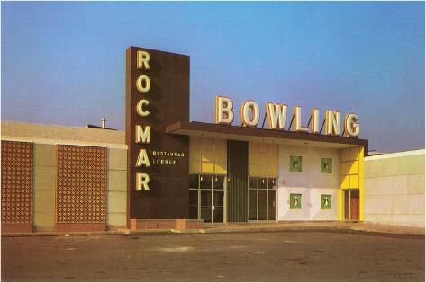 size: 18x12in Art Print: Rocmar Bowling Alley, Retro : Artists Bowling Alley Exterior, Retro House Exterior, Restaurant Lounge, Bowling Alley, Artist Alley, Sims Community, Sims 4 Build, Building Exterior, Night Sky Photos