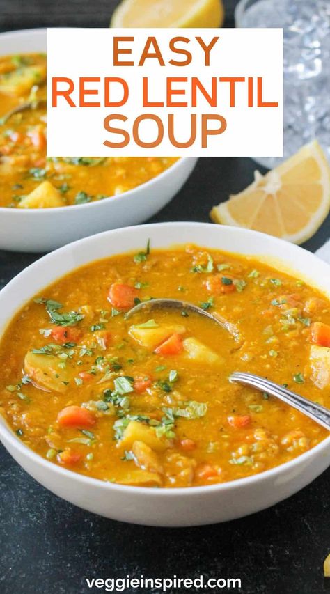 This easy Red Lentil Potato Soup is flavorful, nourishing, and budget-friendly. It's packed with protein, energizing carbohydrates, and anti-inflammatory spices. Ready in under 40 minutes, it's great for weeknight dinners and is the perfect dish to fill you up any time of year. Red Lentil Soup Recipe Healthy, Lentil Potato, Lentil Potato Soup, Lentil Recipes Easy, Lentil Recipes Healthy, Red Lentil Recipes, Red Lentil Soup Recipe, Vegan Potato Soup, Spiced Lentils