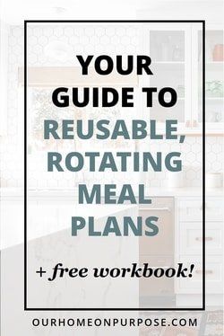 Your Guide to Reusable, Rotating Meal Plans (+ free workbook!) – Our Home on Purpose Rotating Meal Plan, Meal Planning For Beginners, Meal Rotation, Sample Meal Plan, Easy Recipes For Beginners, Meal Planner Template, Meal Planning Template, Free Workbook, Seasonal Food