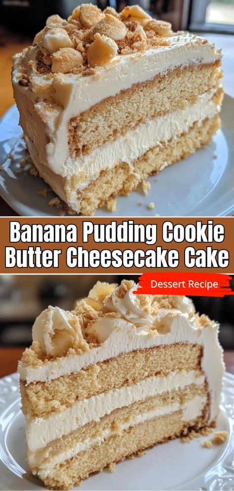 Banana Pudding Cookie Butter Cheesecake Cake Recipe That Will Wow Your Guests! Creamy Banana Pudding Cheesecake, Banana Pudding Cookie Butter Cheesecake, Banana Pudding Cookie Butter Cheesecake Cake, Banana Pie Cheesecake, Cookie Butter Banana Pudding, Easy Banana Pudding Cheesecake, Banana Pudding With Nutter Butters, Banana Pie Recipe Easy Instant Pudding, Hot Banana Pudding Recipe