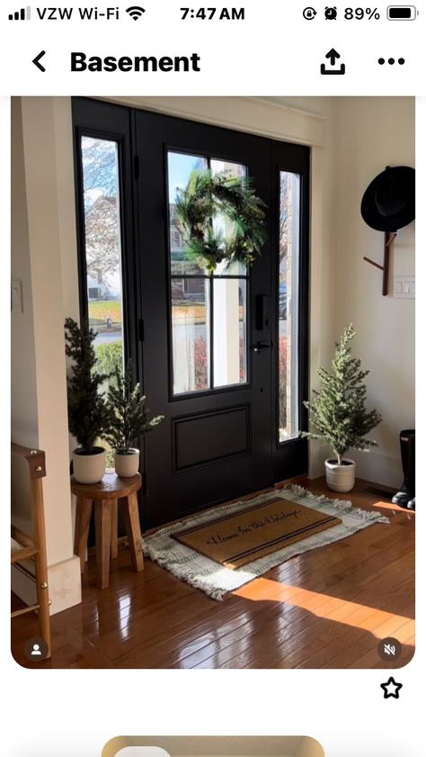 Fromt Door Ideas, Inside Front Door Colors, Interior Front Door Color Entryway, Black Front Door Interior, Brick House Front Door Colors, Hallway Upstairs, Entryway Decorating, Rustic Entryway Table, Black Front Door