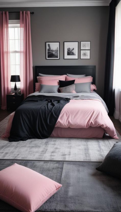 Grey Room Inspo Bedroom, Pink Grey And Black Bedroom, Pink Gray Bedroom, Grey And Gold Bedroom, Black And Grey Bedroom, Pink And Grey Room, Pink Bedroom Walls, Black White Bedrooms, Bold Bedroom