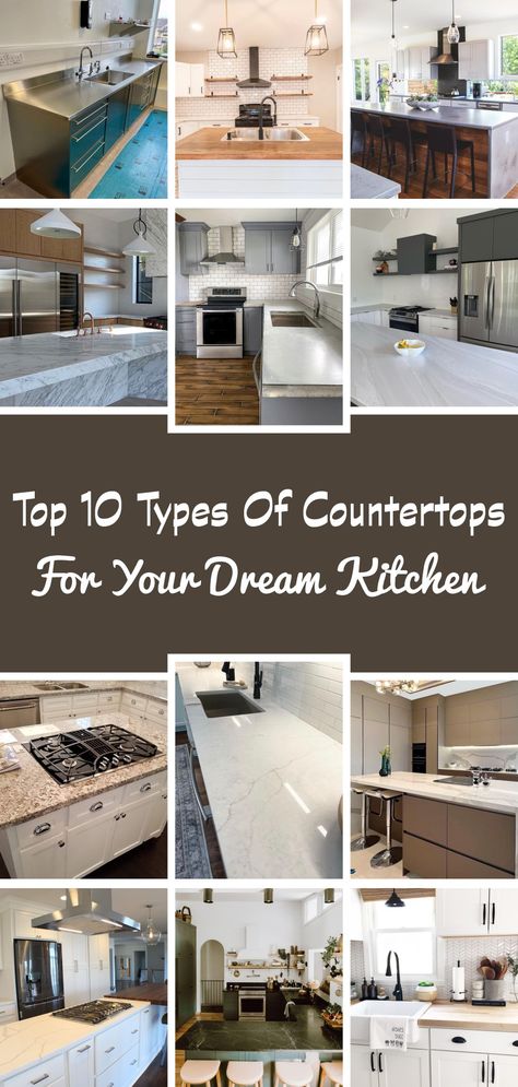 Whether you have a preference for natural stone like marble and granite or favor the aesthetics of concrete or ceramic tile, each type of countertop material possesses unique characteristics that should be taken into account to determine the most suitable choice for your needs. This guide outlines the most common types of countertops, providing insight into their pros and cons, allowing you to make an informed decision on the best material for your kitchen. #kitchen #kitchencountertop #kitchen Countertop Types, Types Of Kitchen Countertops, Waterfall Island Kitchen, Soapstone Kitchen, Countertop Choices, Wooden Countertops, Types Of Countertops, Soapstone Countertops, Engineered Quartz