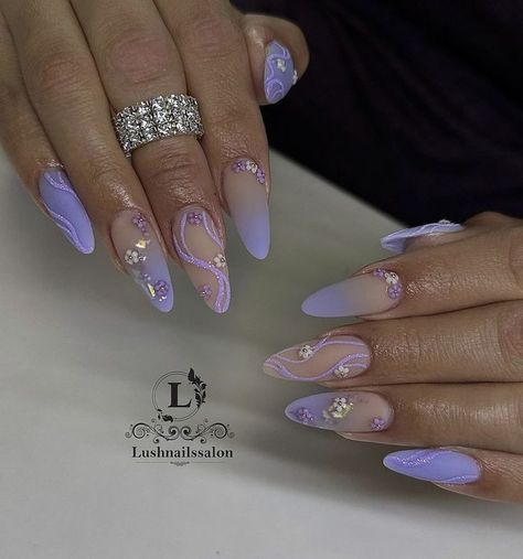 Lilac Nails Design, Fake Nails Long, Lilac Nails, Flower Nail Designs, Birthday Nails, Elegant Nails, Prom Nails, Nail Art Hacks, Purple Nails