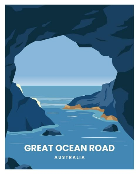 great ocean road beach in australia vector illustration with minimalist style. landscape background suitable for poster, postcard, art, print. Australia Illustration, Ocean Illustration, Watercolor Travel, Ocean Poster, Flat Art, Surf Poster, Minimalist Illustration, Great Ocean Road, Ocean Landscape