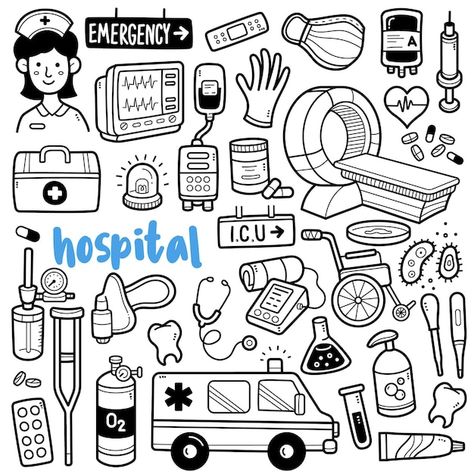 Hospital black and white doodle illustra... | Premium Vector #Freepik #vector #medical-doodle #doctor-stethoscope #doodle-sketch #radiology Hospital Black And White, Diario Bullet, Energy Symbols, Doctor Drawing, White Doodle, Ipad Painting, Doodle Pages, Medical Design, Black Stickers