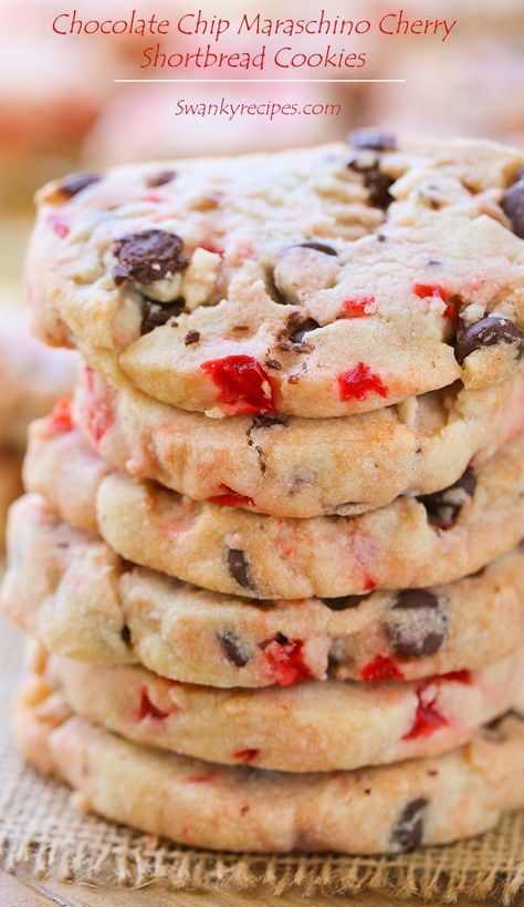 Chocolate Chip Maraschino Cherry Shortbread Cookies - Soft shortbread cookies stuffed with chocolate chips and maraschino cookies. These cookies are hit for the holidays and make a large batch. Maraschino Cherry Shortbread Cookies, Cherry Shortbread Cookies, Cherry Shortbread, Chocolate Chip Shortbread, Chocolate Christmas Cookies, Chocolate Chip Shortbread Cookies, Cookies Stuffed, Cherry Cookies, Lemon Sugar Cookies