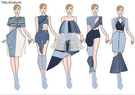 Denim Collection Casual Outfits Illustration Fashion Sketches, Denim Fashion Illustration, Korean Fashion Women Dresses, Fashion Illustration Tutorial, Fashion Design Books, Fashion Illustration Collage, Fashion Design Template, Fashion Illustrations Techniques, Fashion Illustration Sketches Dresses