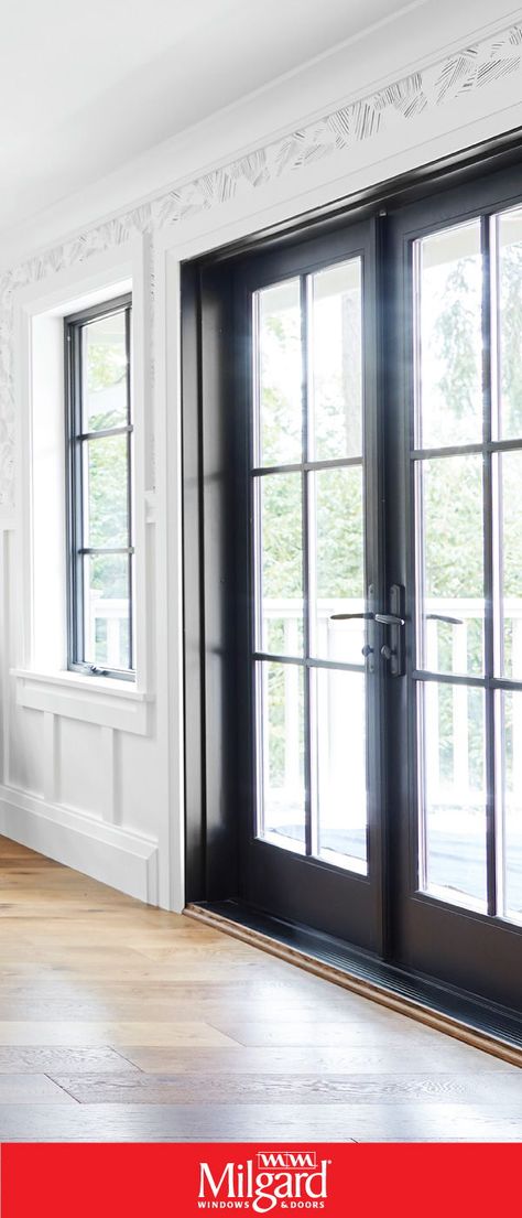 Black French patio doors add a dark elegance to this farmhouse dining room. French doors are available in both sliding door and swinging door operating styles, so, you can achieve the look, no matter which operating style you choose. Featuring Ultra™️ Series Patio Doors in Black Bean. #patiodoorideas #frenchpatiodoors #patiodoormakeover #replacementpatiodoors #newpatiodoorideas Black Sliding Doors, Farmhouse Patio Doors, Dining Room French Doors, Black French Doors, French Patio Doors, Replacement Patio Doors, Hinged Patio Doors, Black Window Trims, French Patio