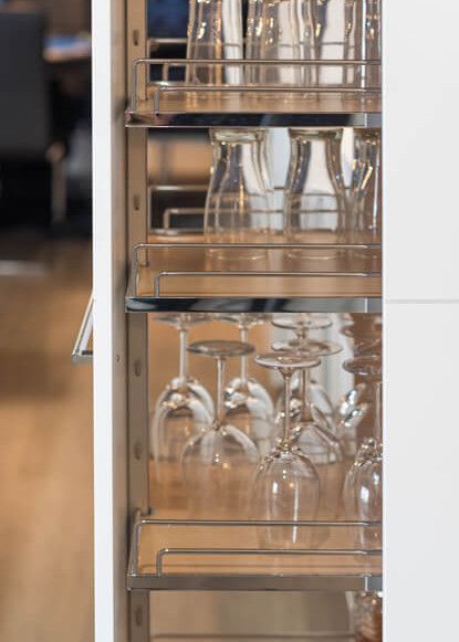 basement-pull-out-drawer-for-wine-glass-storage Glassware Storage Drawers, Drawer Glass Storage, Pull Out Drawer For Glasses, Glass Storage In Kitchen, Bar Glasses Storage Ideas, Bar Glassware Storage, Wine Glass Drawer, Glasses Kitchen Storage, Glasses Drawer