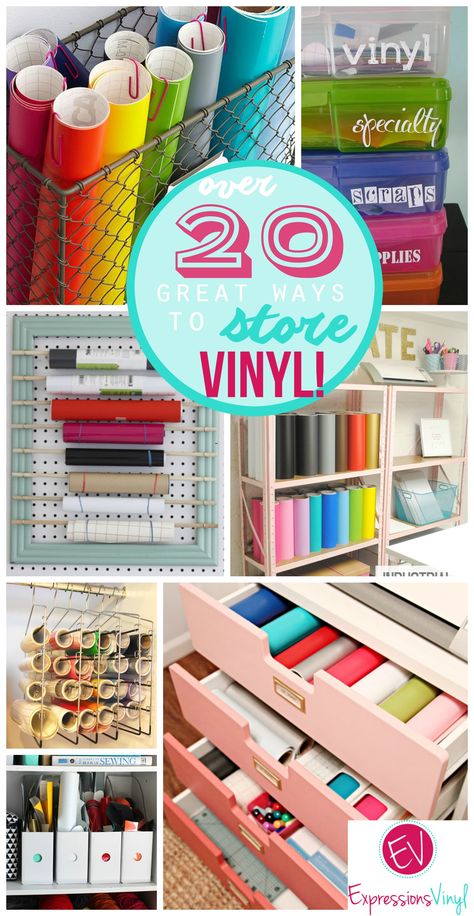 over 20 great ways to store your craft vinyl Circuit Storage Ideas, Organizing Vinyl Rolls, Storing Vinyl Rolls, How To Store Vinyl Rolls, Cricut Station Storage Ideas, Ways To Store Vinyl, Diy Vinyl Storage Rack, Vinyl Storage Ideas, Cricut Storage