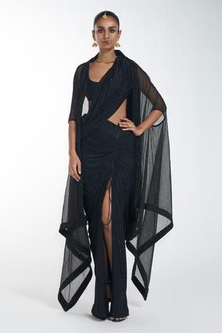 Shop for Itrh Black Jersey Embellished Cape And Draped Saree Set for Women Online at Aza Fashions Crystal Saree, Blouse With Cape, Organza Cape, Draped Saree, Disco Night, Drape Saree, Black Saree, Indian Couture, Black Jersey