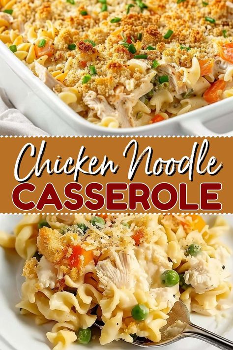 This chicken noodle casserole is as comforting as it gets! Packed with chicken, veggies, and egg noodles in a creamy sauce, you'll flip for it. Chicken And Noodles With Cream Cheese, Old School Chicken Noodle Casserole, Chicken And Wide Egg Noodles, Chicken Broccoli Egg Noodles, Insanely Good Recipes, Chicken Casserole With Egg Noodles, Supper For A Crowd, Chicken And Egg Noodle Recipes, Egg Noodles Dishes