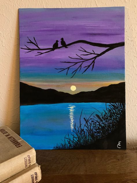 Sunset Canvas Painting, Sky Art Painting, Simple Canvas Paintings, Cute Canvas Paintings, Easy Canvas Art, Canvas Drawings, Canvas Painting Designs, Seni Cat Air, Landscape Art Painting