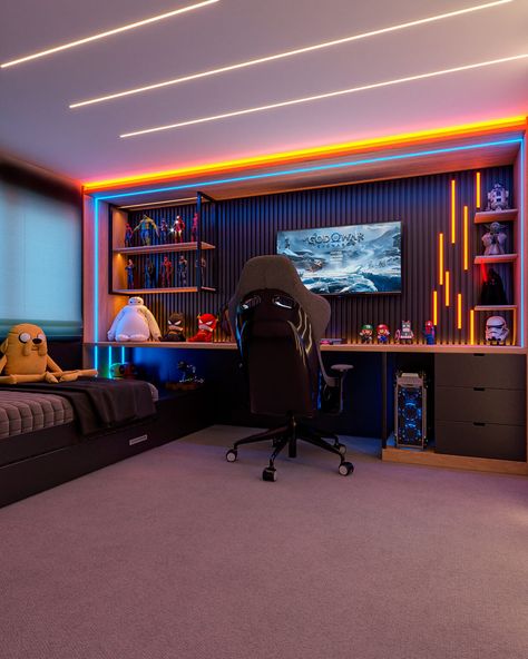 Credit goes to the respective owners Gamer Bedroom Ideas, Gaming Bedroom Ideas, Games Room Inspiration, Boys Game Room, Gaming Bedroom, Gamer Bedroom, Boys Bedroom Makeover, Teen Boy Room, Boy Bedroom Design