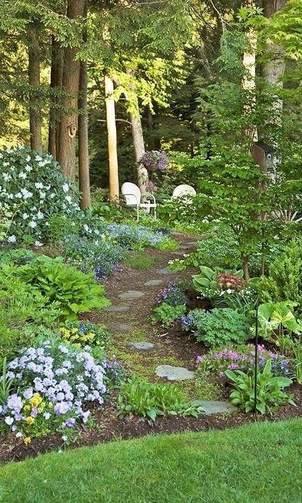 Wooded Backyard, Small Cottage Garden Ideas, Hilltop House, Shade Garden Design, Desain Lanskap, Backyard Landscape, Magic Garden, Stone Path, Have Inspiration