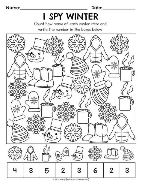 I Spy Kindergarten Free Printable, I Spy Winter Free Printable, New Years Worksheets For Kids, Winter Worksheets For Preschool, Winter Activity Sheets, Winter Worksheets For Kindergarten, Winter Kindergarten Worksheets, Winter Worksheets For Kids, I Spy Winter