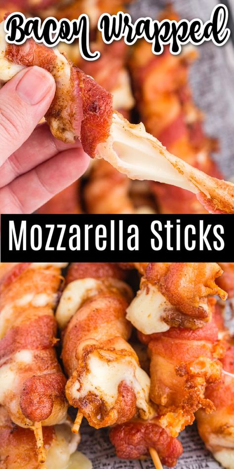 Bacon Wrapped Mozzarella Sticks, Bacon Wrapped Mozzarella, String Cheese Recipes, Bacon Wrapped Cheese, Bacon Crisps, Bacon Fries, Bacon Appetizers, Food Time, Best Appetizer Recipes