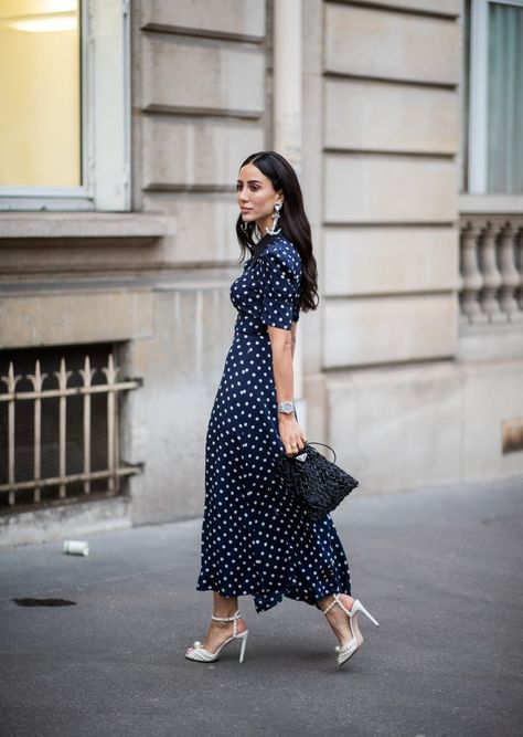 Navy polka dots look great with feminine white heels. Navy Polka Dot Dress Outfit, Blue Polka Dot Dress Outfit, White Polka Dot Dress Outfit, Polka Dot Skirt Outfit, Dot Dress Outfit, Dot Skirt Outfit, Polka Dot Dress Outfit, Fall Dress Trends, Navy Blue Polka Dot Dress