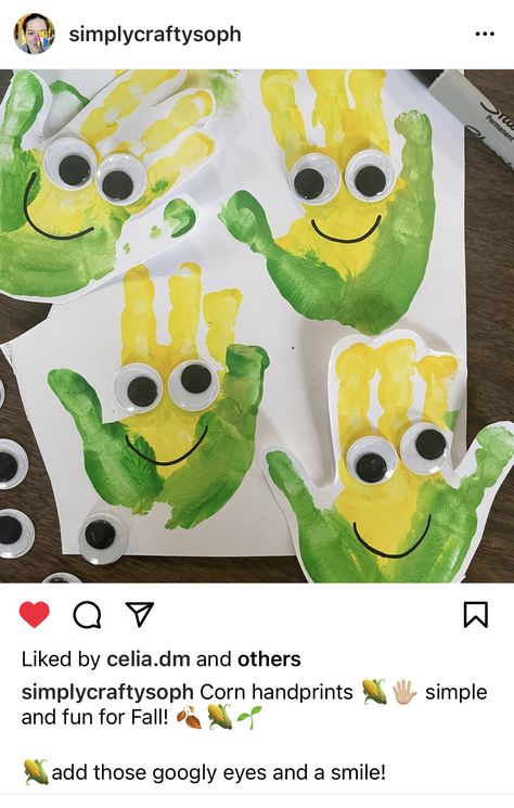 Corn Handprint Craft, Vegetable Handprint Crafts, Handprint Vegetables, Harvest Toddler Crafts, Corn Art For Toddlers, Fall Animal Crafts For Toddlers, Cornucopia Crafts For Toddlers, Food Handprint Art, Yellow Activities For Toddlers