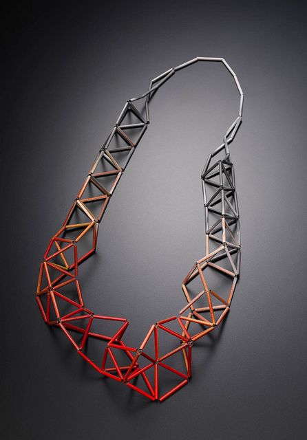 Geometric Jewellery - necklace with 3D geometric structure & colour gradient detail; contemporary jewelry design // Meghann Jones Contemporary Jewelry Design, Body Adornment, Geometric Jewelry, Hinged Bangle, Contemporary Jewellery, Contemporary Jewelry, Dainty Jewelry, Schmuck Design, Modern Jewelry