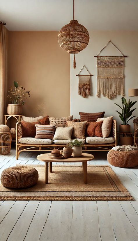 A minimalist Bohemian-style living room featuring rattan furniture, a low coffee table, and cushions and throws in earthy tones of brown, beige, and terracotta. The room includes a woven rug, potted plants, and hanging macramé, creating a warm and natural atmosphere that reflects a carefree Bohemian lifestyle Earthy Waiting Room, Tuscan Boho Decor, Earthy Rooms Aesthetic, Tulum Living Room Decor, Desert Aesthetic Decor Living Room, Cozy Living Rooms Bohemian, White Couch Boho Living Room, Living Room Earthy Tones, Tulum Inspired Living Room