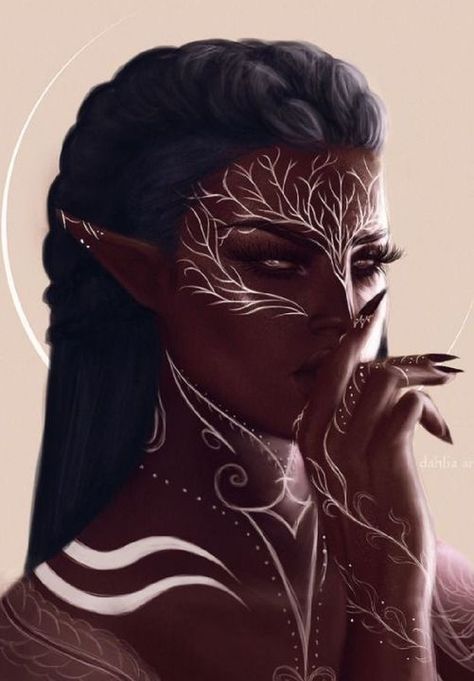 Forest Dragon Aesthetic, Vallaslin Dragon Age, Drow Elf Makeup, Blue Hair Oc Girl, Black Elf Aesthetic, Dark Skinned Elf, Elves Drawing, Dark Elf Costume, Dark Elf Aesthetic