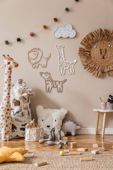 Kids Safari Animal Nursery Wall Art Set of 3 Jungle Decals - Etsy UK Nursery Decor Animal Theme, Neutral Nursery Feature Wall, Wooden Safari Animals, Wood Words On Wall, Nursery Room Animals, Nursery Wood Decor, Baby Wall Decor Ideas, Toddler Animal Room, Nursery Ideas Wall Paint