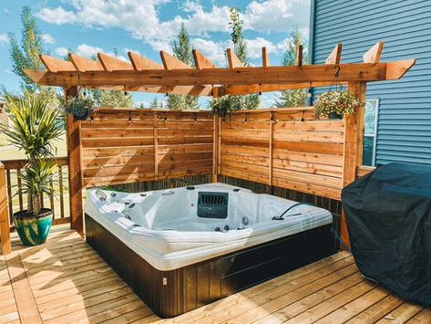 32 Backyard Hot Tub Privacy Ideas | Hot Tub Enclosure Backyard Hot Tub Privacy, Hot Tub Deck Design, Backyard Hot Tub, Hot Tub Privacy, Hot Tub Pergola, Backyard Spa, Hot Tub Landscaping, Hot Tub Patio, Hot Tub Designs