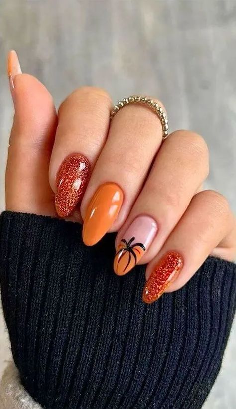 Get into the fall and Halloween spirit with our unique pumpkin nails. Perfect for adding a seasoned flair and spooky touch to your nail designs! Fall Nails Rounded Square, Round Fall Nail Designs, Dark Color Nail Ideas, Late Fall Nails, November Nails Colors, November Nail Art, November Nails Fall, Nails Pumpkin, Spice Nails