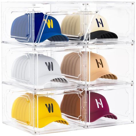 PRICES MAY VARY. An ideal hat organizer box for cap lovers. Each box can hold 6-8 baseball caps, making your closet organized, away from dust and crush. Box size: 13.4”L x 10.6”W x 7.5”H Easy to assemble, no tools needed. All you have to do is spend less than 3 minutes to put it together according to the user manual or video on the product detail page Stackable design to avoid toppling over and save space. Each box is equipped with 4 connecting knots to keep stable Made of sturdy and durable pla Hats Organization, Organize Baseball Hats, Organize Shoes, Closet Organized, Hat Organizer, Cap Organizer, Cap Holder, Hat Organization, Hat Storage