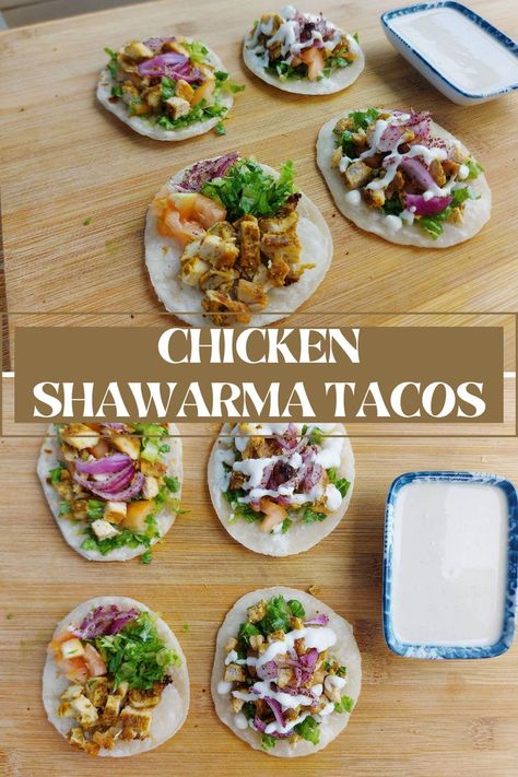 Chicken Shawarma Tacos is a Middle Eastern-inspired taco recipe that contains spiced baked chicken, onion, parsley, and tomatoes and drizzled with tahini sauce in tortilla bread. Shawarma Bread, Tahini Chicken, Ground Chicken Tacos, Tortilla Bread, Easy Taco Recipes, Ground Beef Tacos, Low Carb Chicken Recipes, Taco Recipe, Air Fryer Recipes Chicken