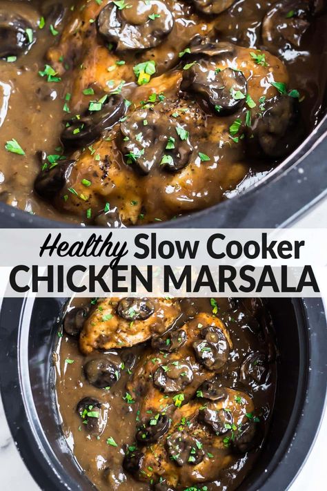 Chicken Marsala Crockpot, Crock Pot Chicken Marsala, Crock Chicken, Slow Cooker Chicken Marsala, Mushroom Wine Sauce, Slow Cooker Chicken Healthy, Chicken Marsala Easy, Crockpot Chicken Breast, Marsala Chicken Recipes