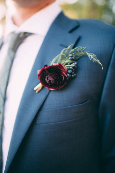 Burgundy boutonniere: http://www.stylemepretty.com/2015/02/24/whimsical-summer-camp-forest-wedding/ | Photography: Cambria Grace - http://www.cambriagrace.com/ Blue Fall Wedding, Ranunculus Boutonniere, Winter Wedding Flowers, Wedding Color Inspiration, Fall Wedding Flowers, Wedding Winter, Boutonniere Wedding, Fall Wedding Colors, Burgundy Wedding